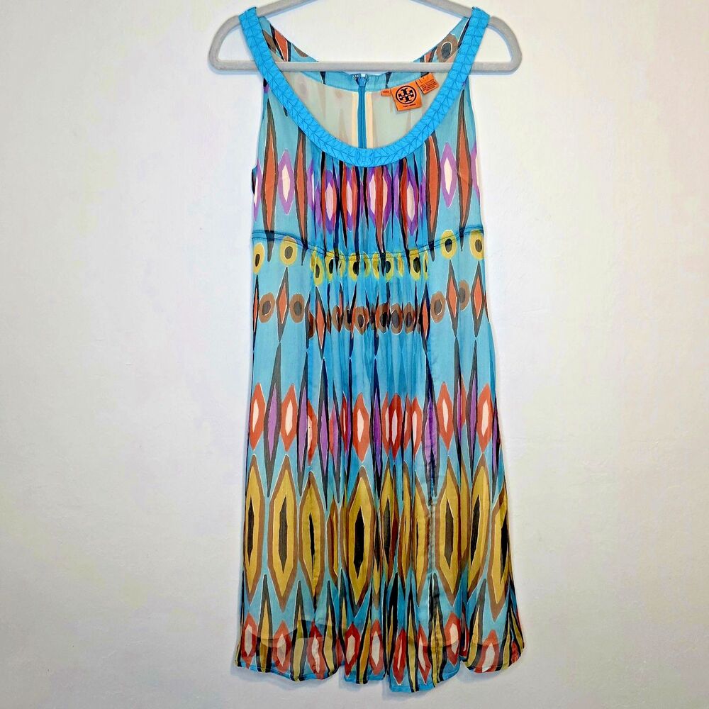 Tory Burch Silk Peacock Blue Dress Women's 6 Ikat Pleated Sleeveless Midi Luxury - Picture 2 of 8